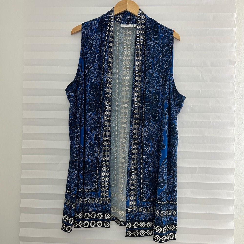 Susan Graver Blue Paisley Border Print Open Front Vest Cardigan 2X